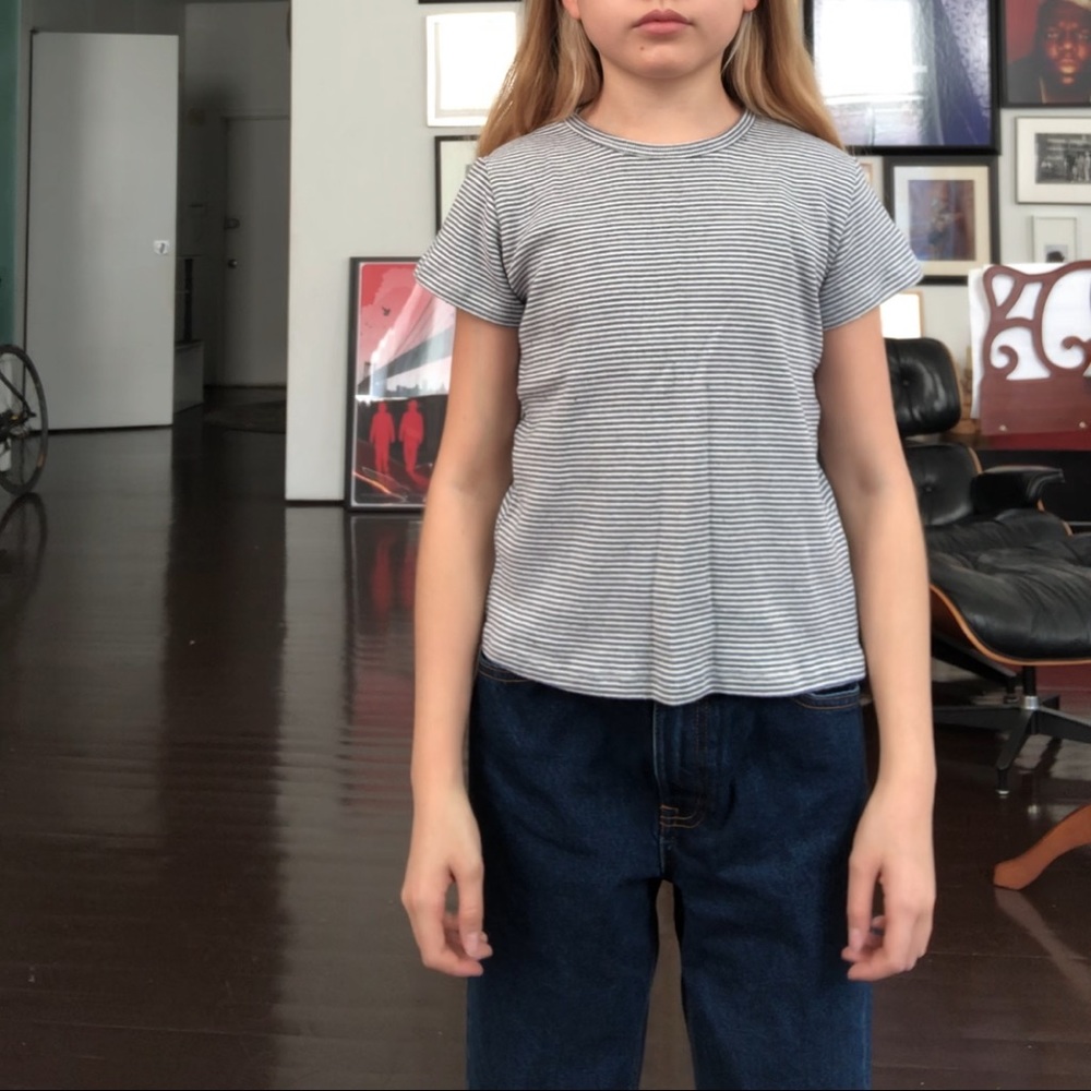 Blue gray and white striped shirt.